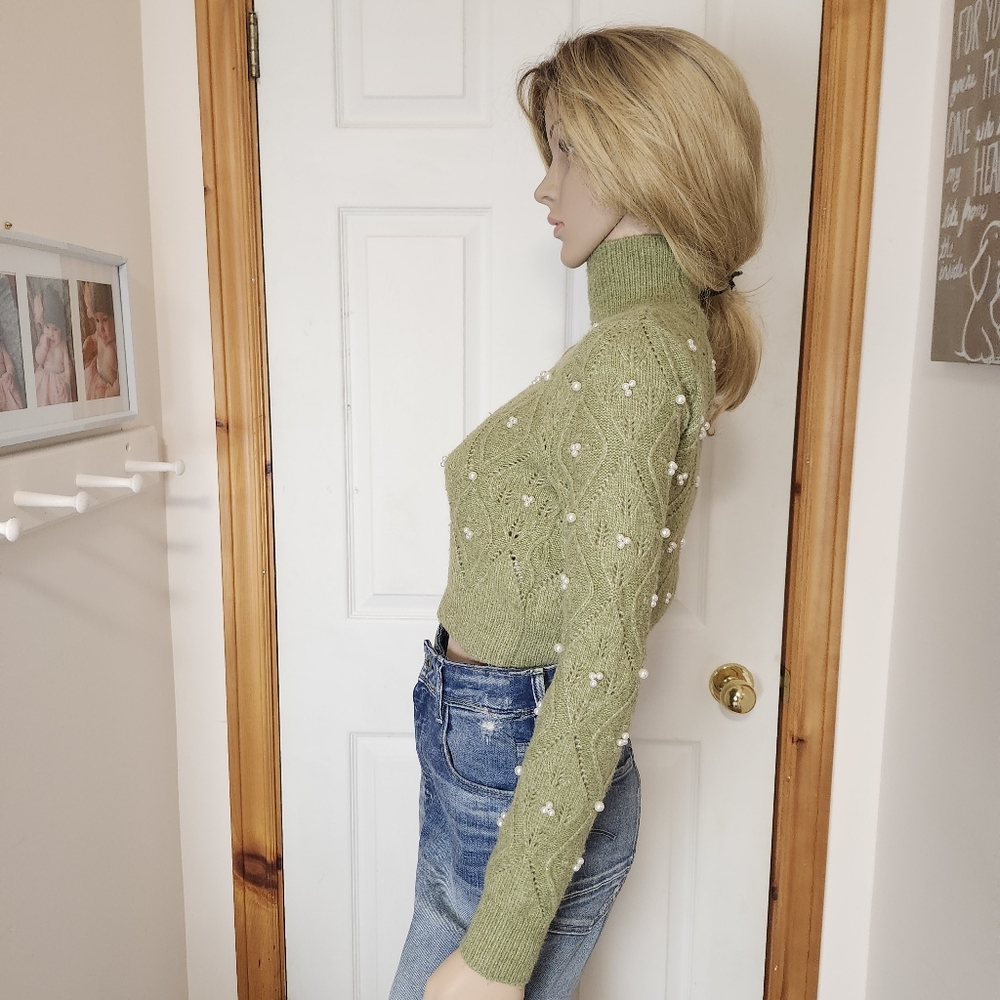 Zara Women's faux pearls diamond cable knit Mock Neck semi crop Green sweater S - Picture 9 of 15